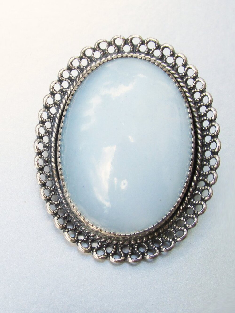 Vintage Signed BEAU Sterling Silver Opal Glass Oval Brooch Pin